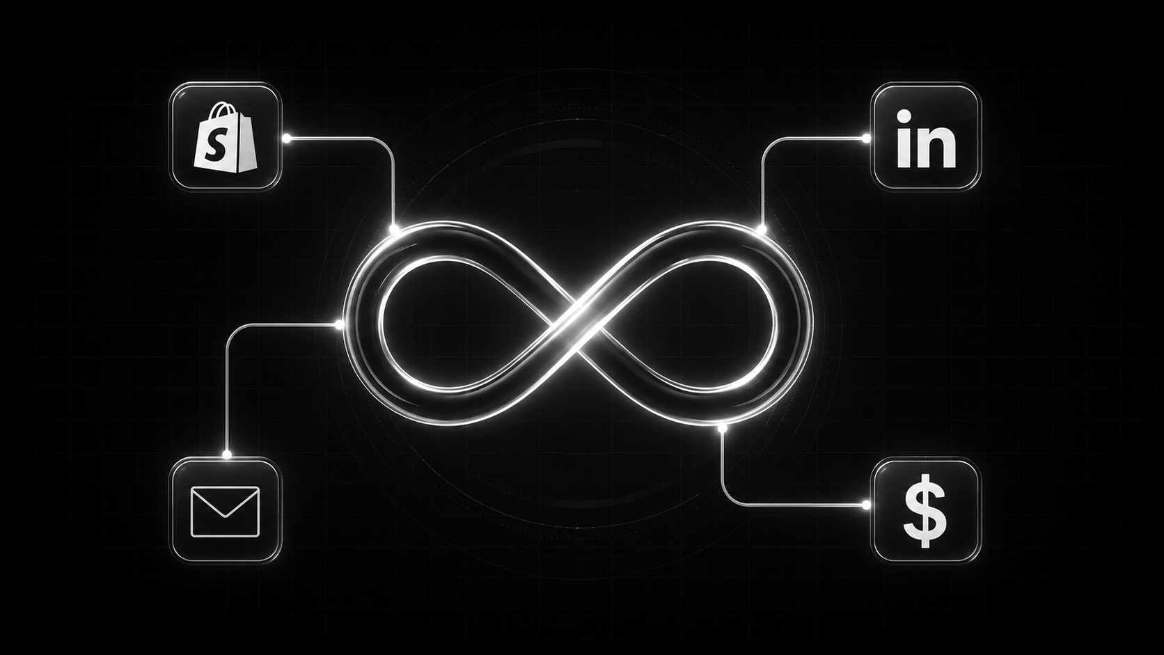 hero image depicting the loop and icons of Shopify, LinkedIn, Email and Dolar with diffrent numbers spread around in the background